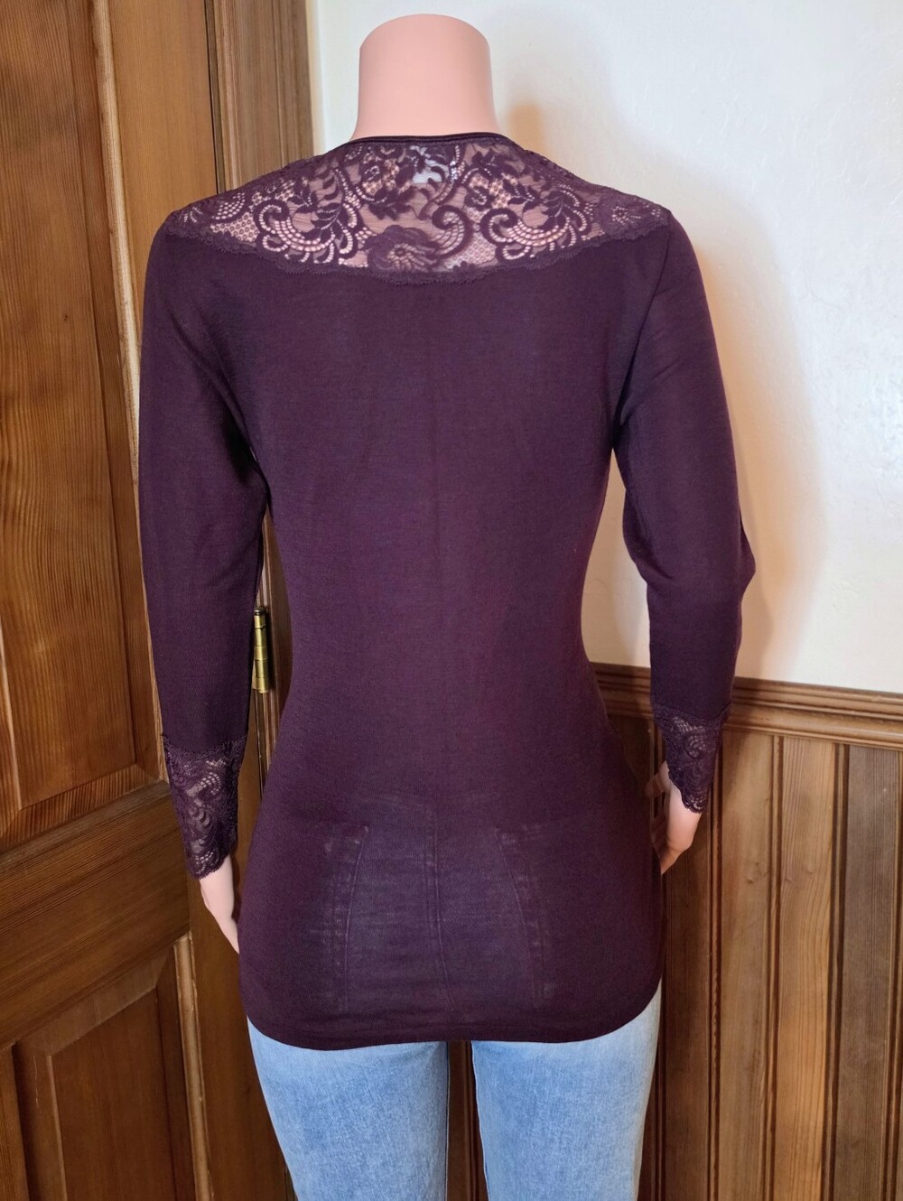 NWOT Ragno Wool Lace-Trim Long Sleeve Top in Plum Large - Picture 3 of 6